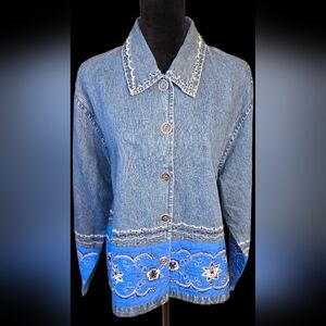 Tantrums Blue Denim Jacket with Floral Embroidery